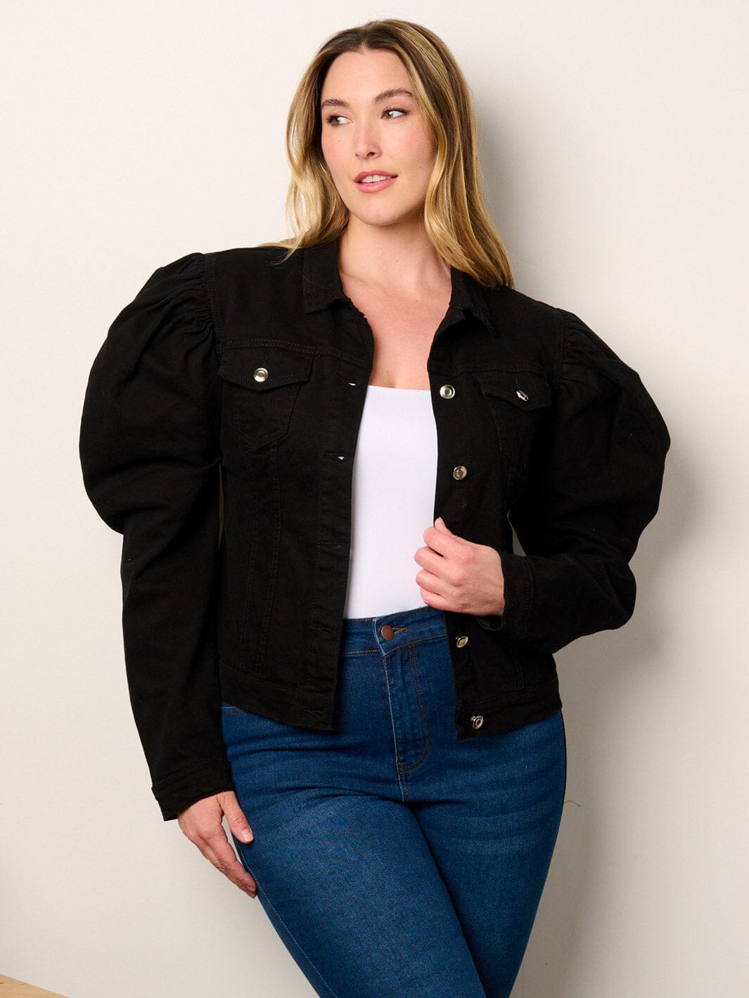 PLUS SIZE LONG PUFF SLEEVE BUTTON CLOSURE DENIM JACKET