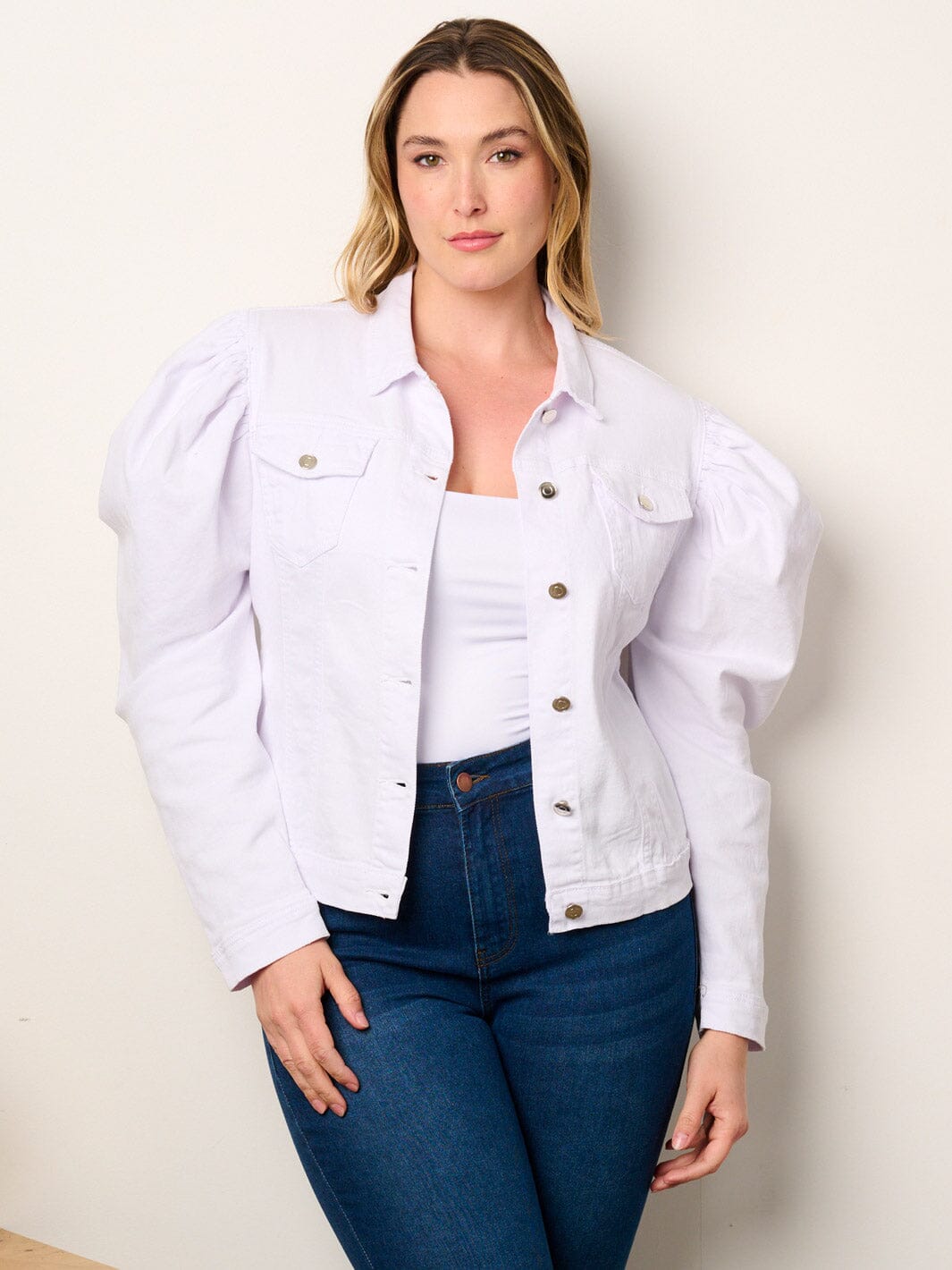 PLUS SIZE LONG PUFF SLEEVE BUTTON CLOSURE DENIM JACKET