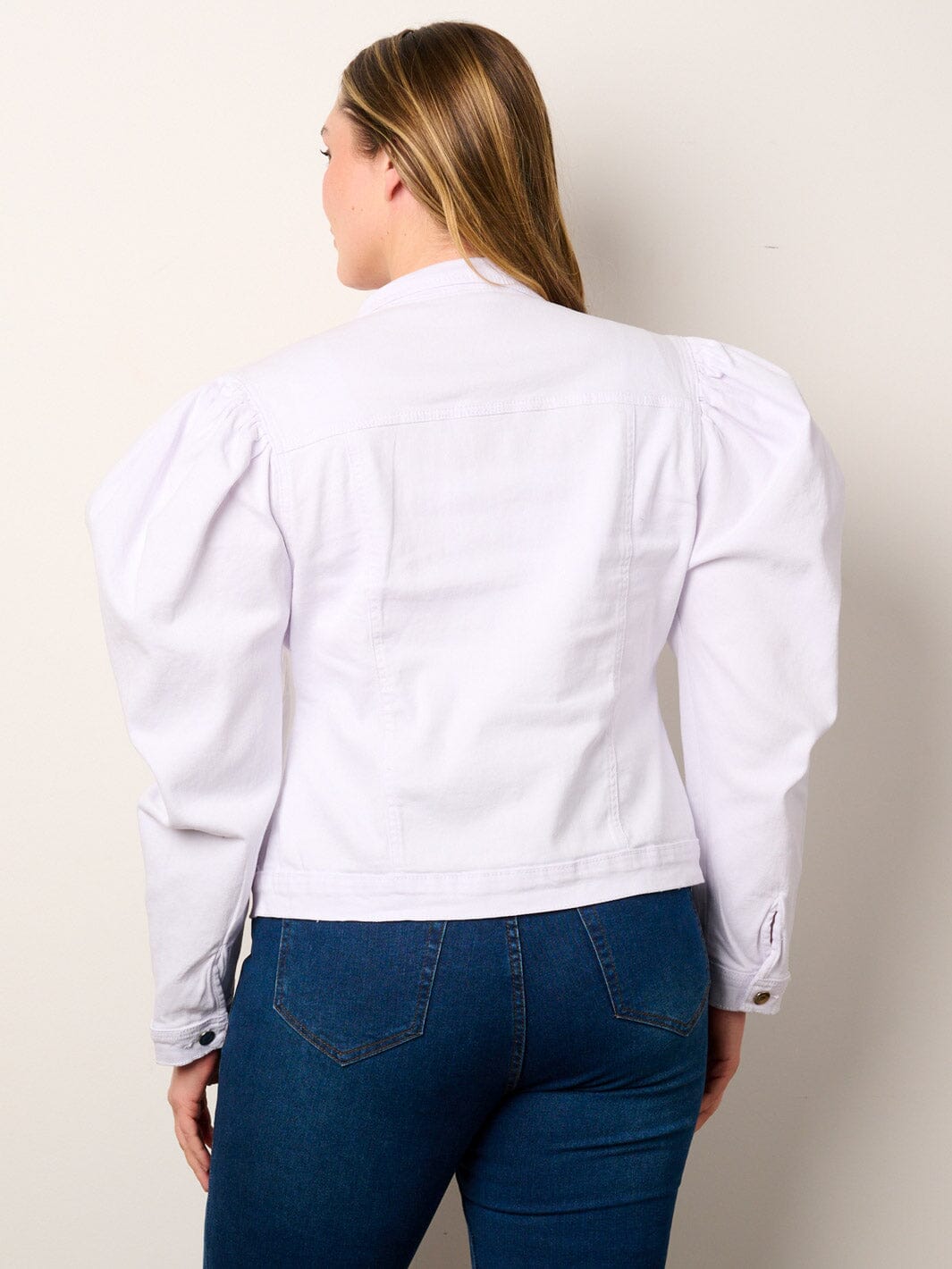 PLUS SIZE LONG PUFF SLEEVE BUTTON CLOSURE DENIM JACKET