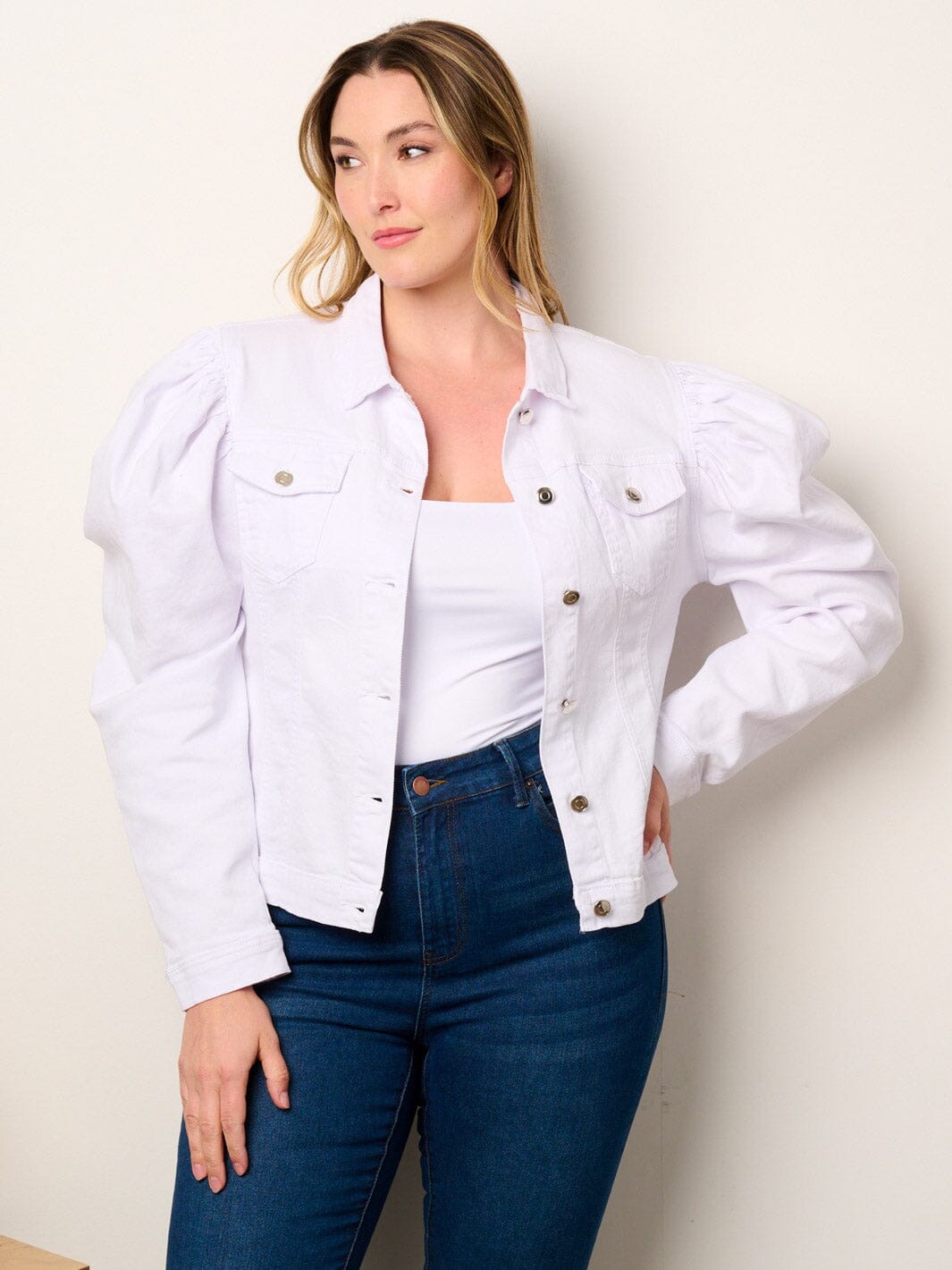 PLUS SIZE LONG PUFF SLEEVE BUTTON CLOSURE DENIM JACKET