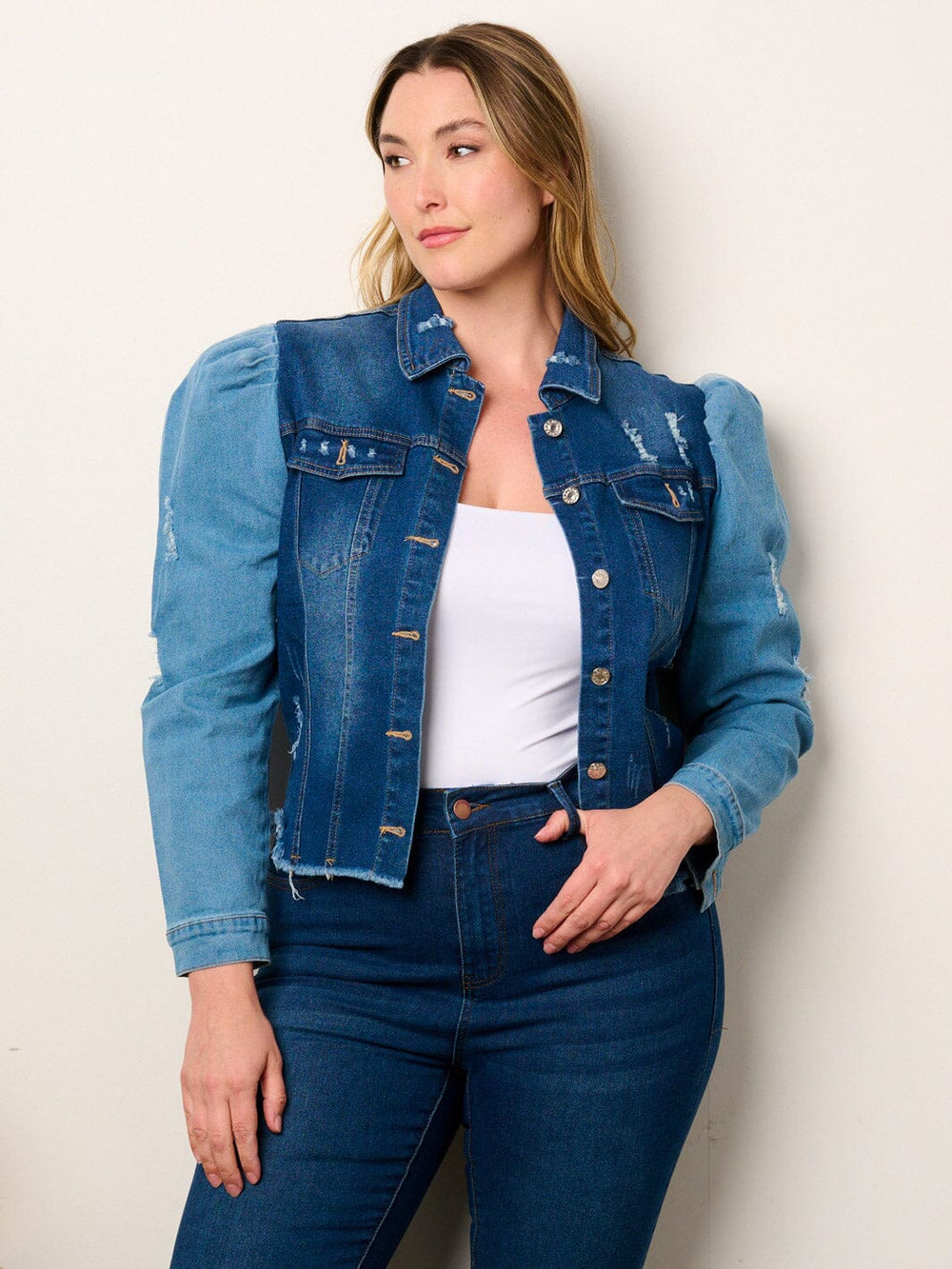 PLUS SIZE LONG PUFF SLEEVE BUTTON CLOSURE COLORBLOCK DENIM JACKET