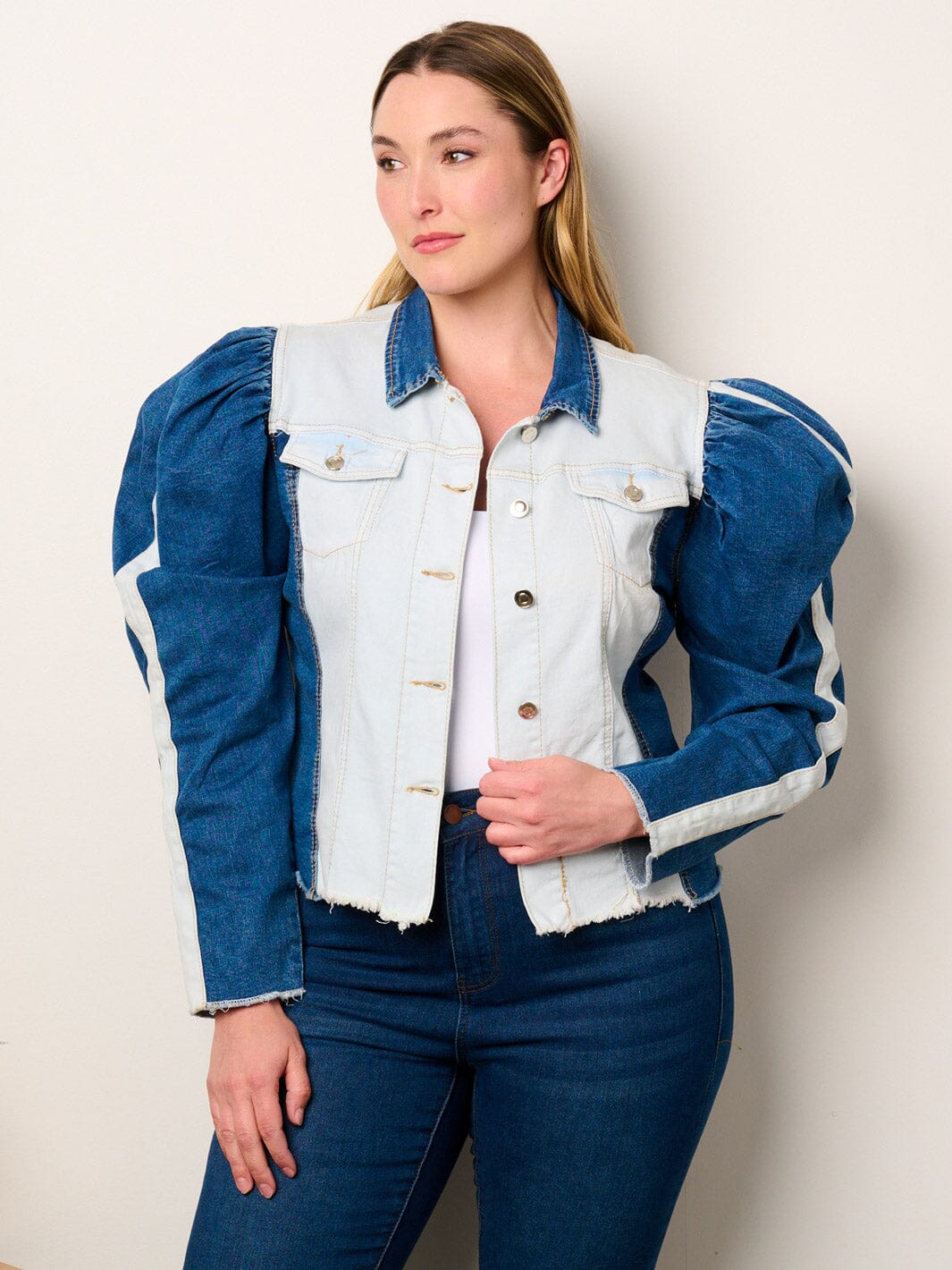 PLUS SIZE LONG PUFF SLEEVE BUTTON CLOSURE COLORBLOCK DENIM JACKET