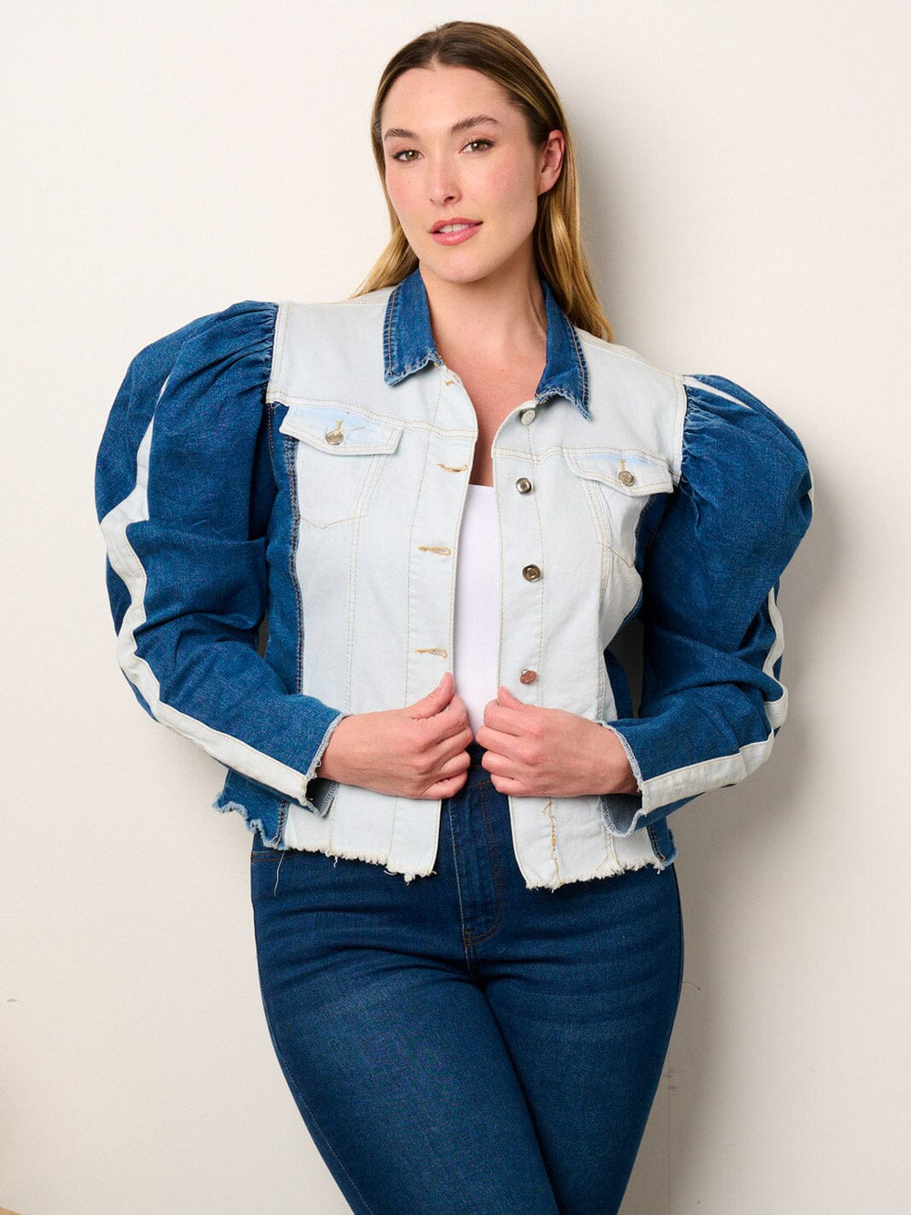 PLUS SIZE LONG PUFF SLEEVE BUTTON CLOSURE COLORBLOCK DENIM JACKET