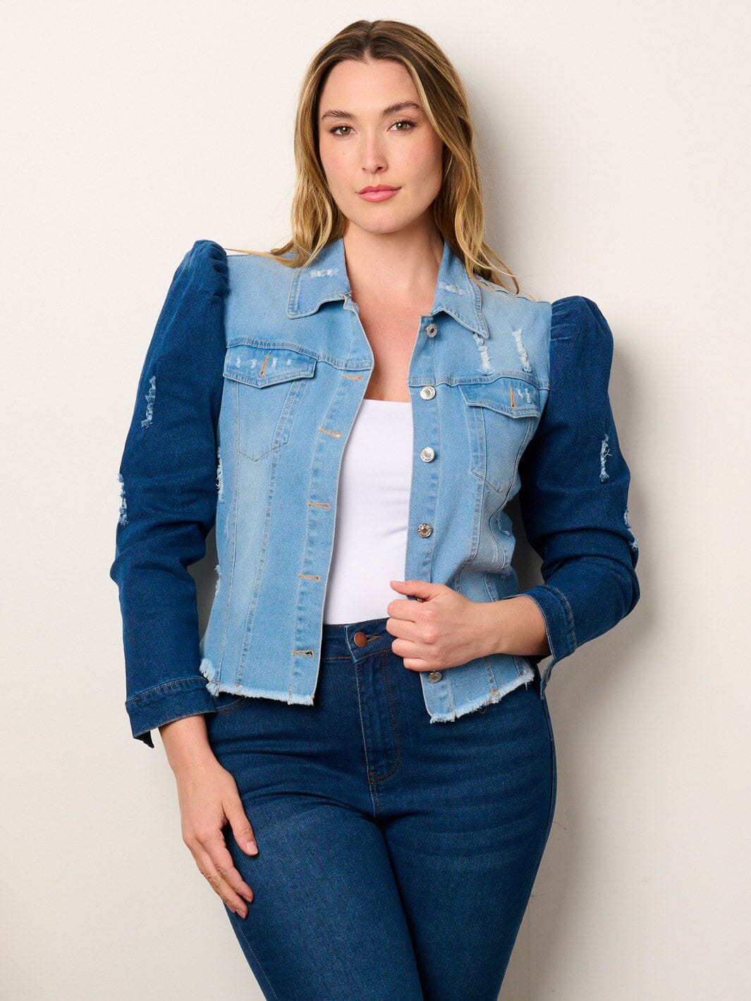 PLUS SIZE LONG PUFF SLEEVE BUTTON CLOSURE COLORBLOCK DENIM JACKET