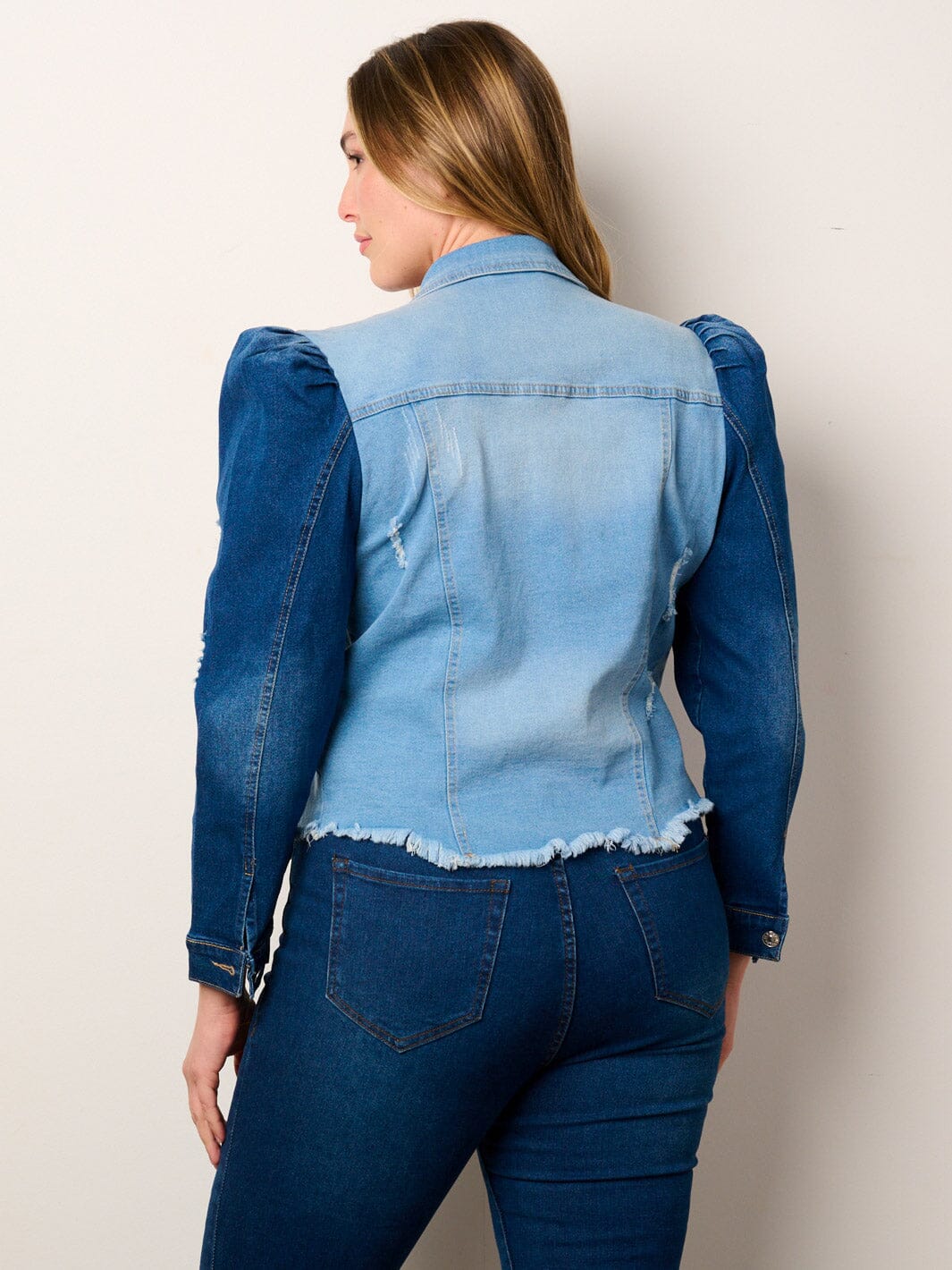 PLUS SIZE LONG PUFF SLEEVE BUTTON CLOSURE COLORBLOCK DENIM JACKET