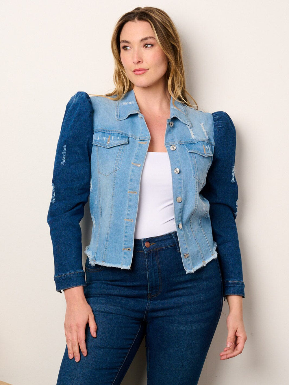 PLUS SIZE LONG PUFF SLEEVE BUTTON CLOSURE COLORBLOCK DENIM JACKET