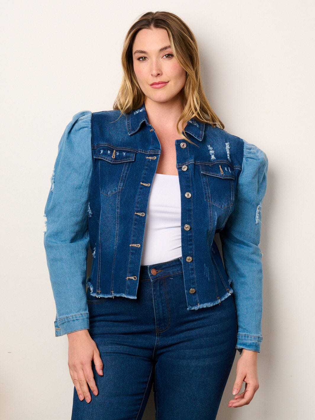 PLUS SIZE LONG PUFF SLEEVE BUTTON CLOSURE COLORBLOCK DENIM JACKET