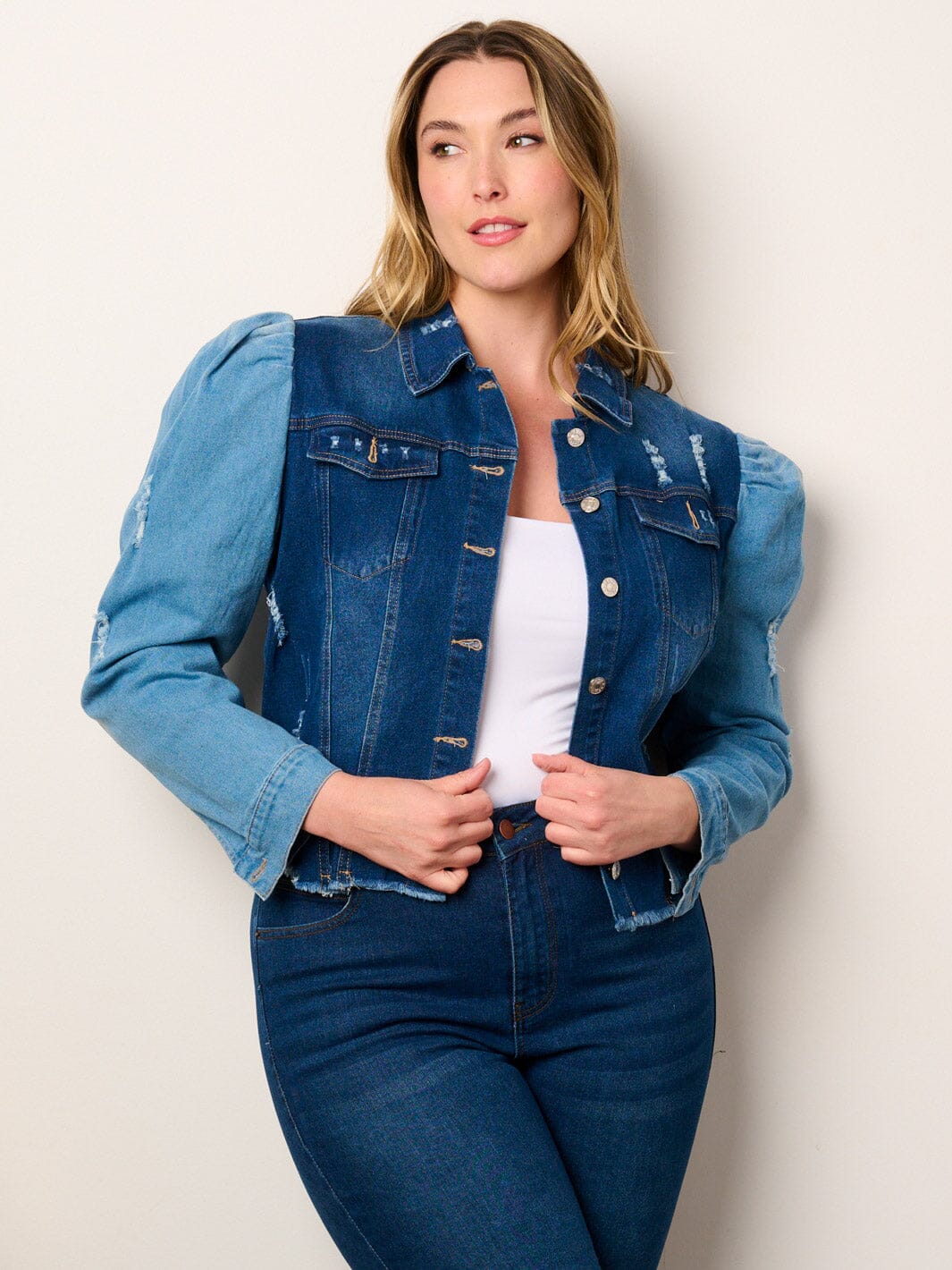 PLUS SIZE LONG PUFF SLEEVE BUTTON CLOSURE COLORBLOCK DENIM JACKET