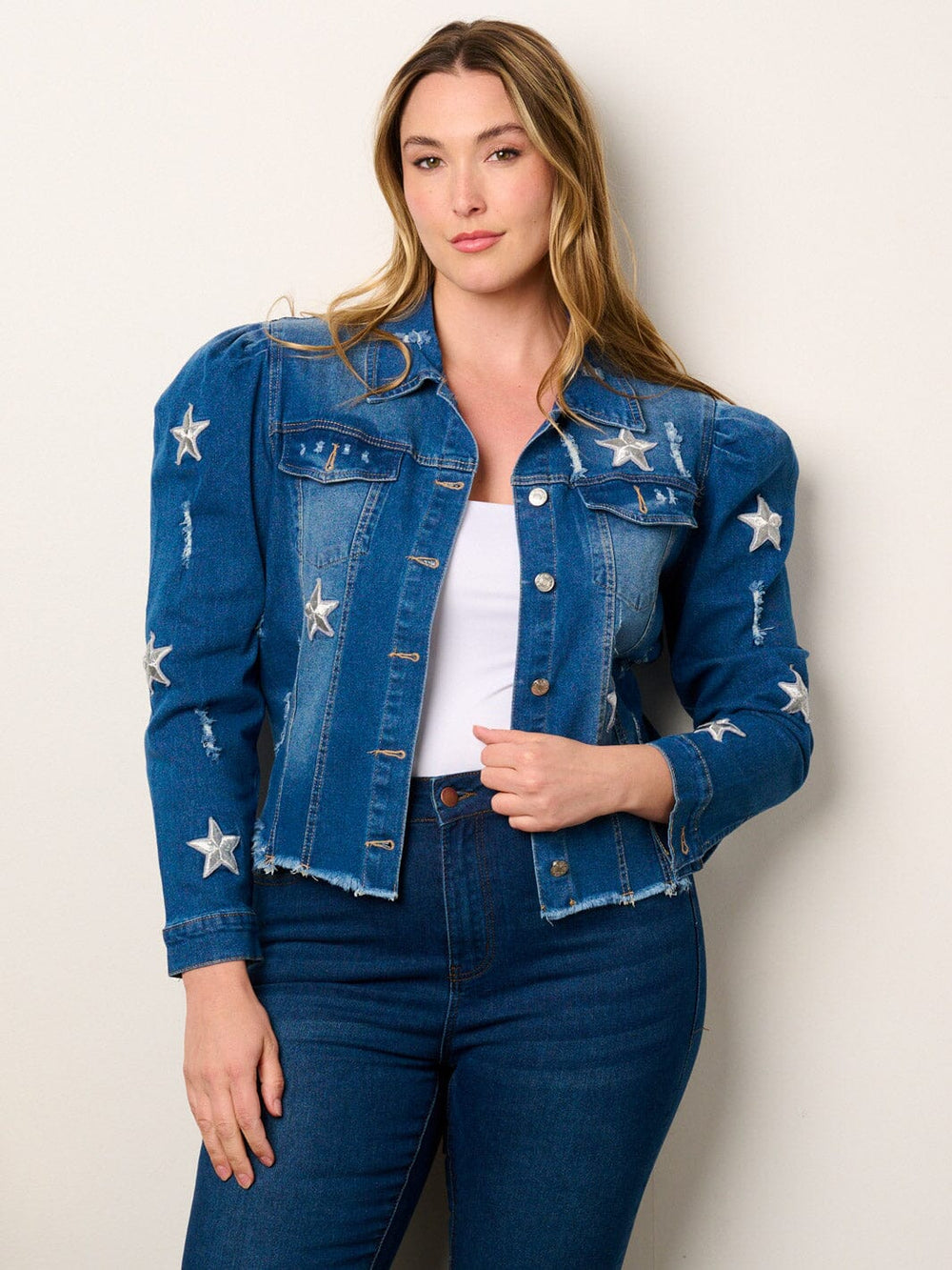 PLUS SIZE LONG PUFF SLEEVE STARS EMBROIDERY DISTRESS DENIM JACKET