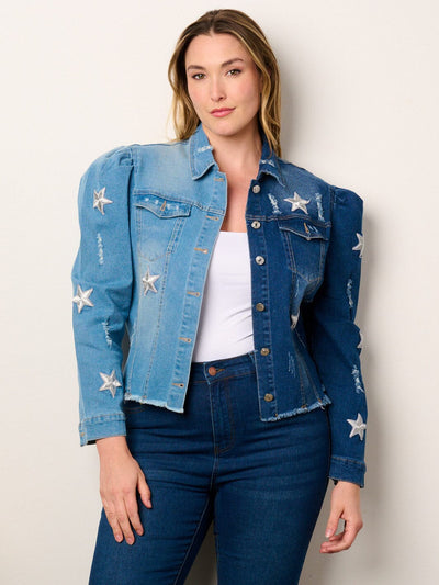 PLUS SIZE LONG PUFF SLEEVE STARS EMBROIDERY COLORBLOCK DENIM JACKET
