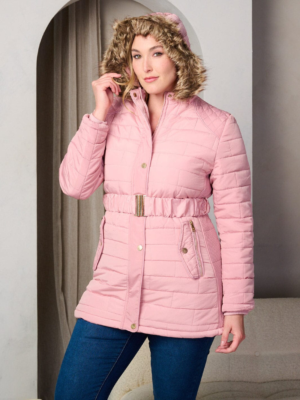 PLUS SIZE LONG SLEEVE ZIP UP POCKETS HOODED PUFFER JACKET