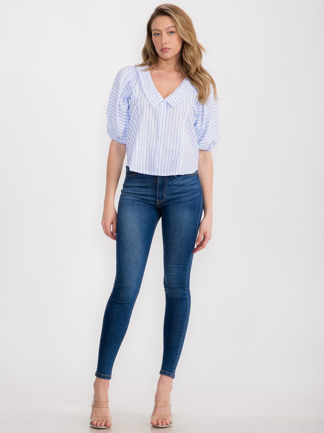 WOMEN'S SHORT PUFF SLEEVE BUTTON UP STRIPES BLOUSE