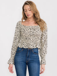 WOMEN'S LONG SLEEVE SMOCK ANIMAL PRINT BLOUSE