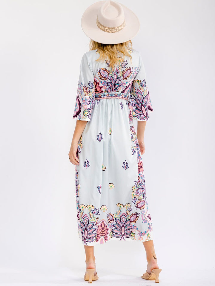 WOMEN'S SHORT SLEEVE V-NECK MULTI PRINT MAXI DRESS