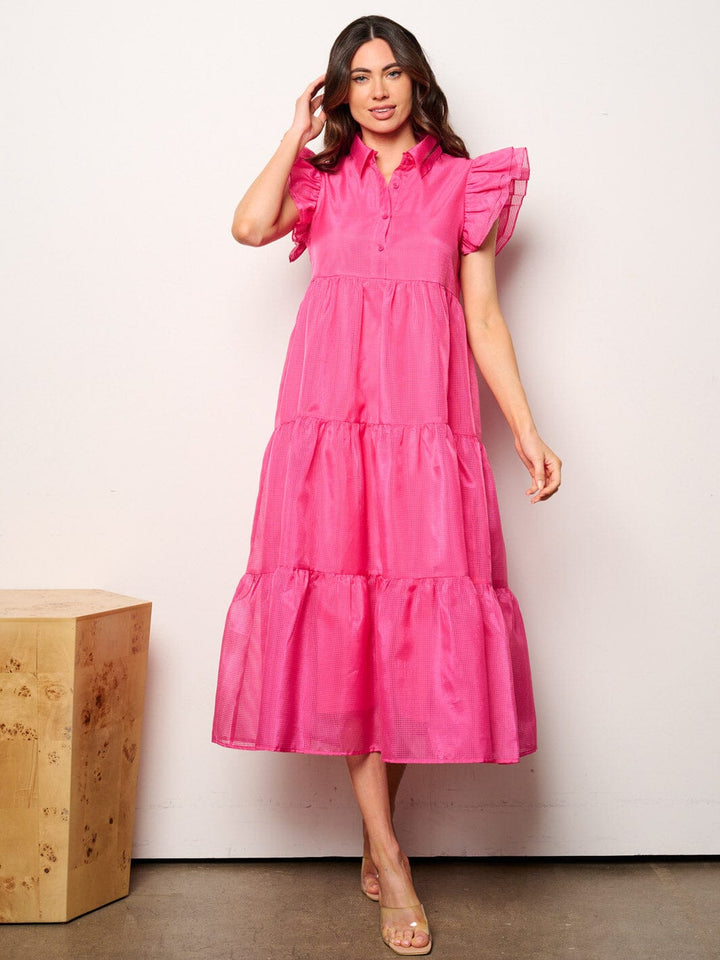 WOMEN'S RUFFLE SLEEVE BUTTON UP TIERED MAXI DRESS