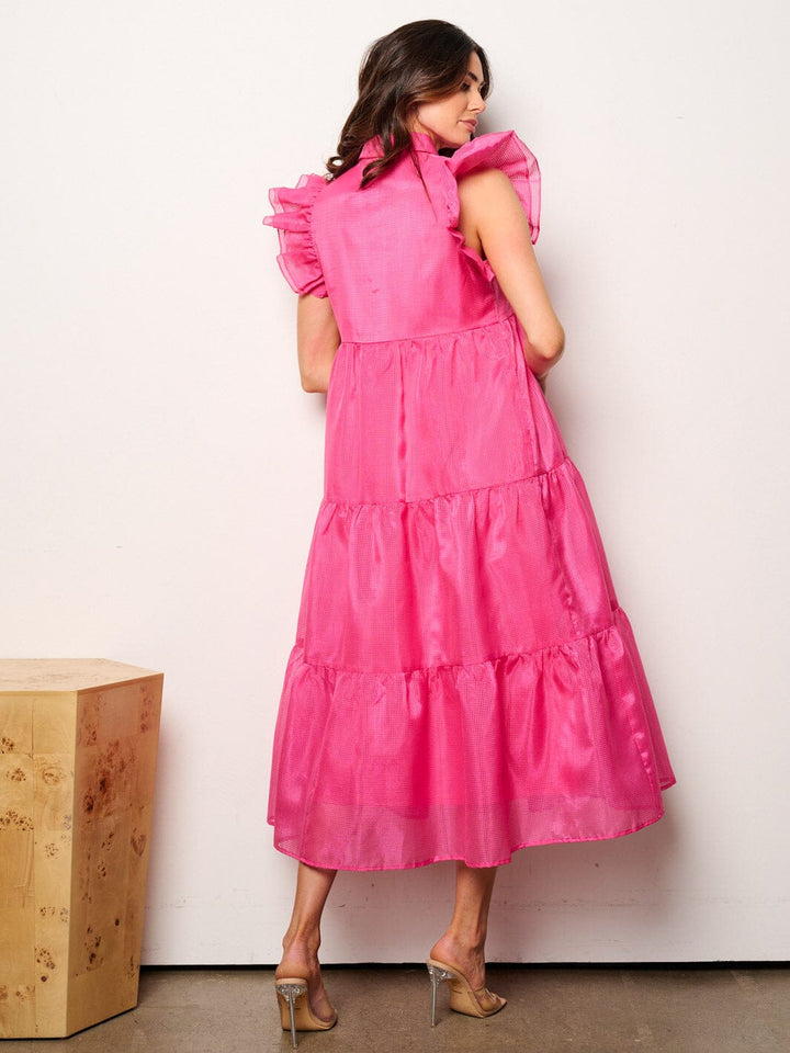 WOMEN'S RUFFLE SLEEVE BUTTON UP TIERED MAXI DRESS