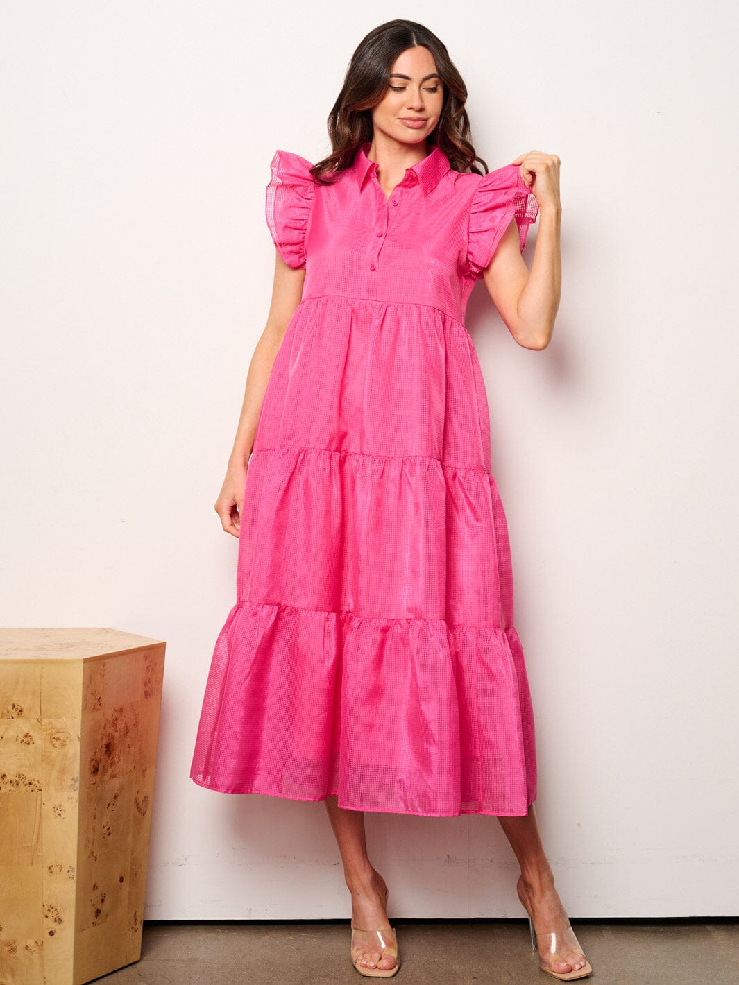 WOMEN'S RUFFLE SLEEVE BUTTON UP TIERED MAXI DRESS