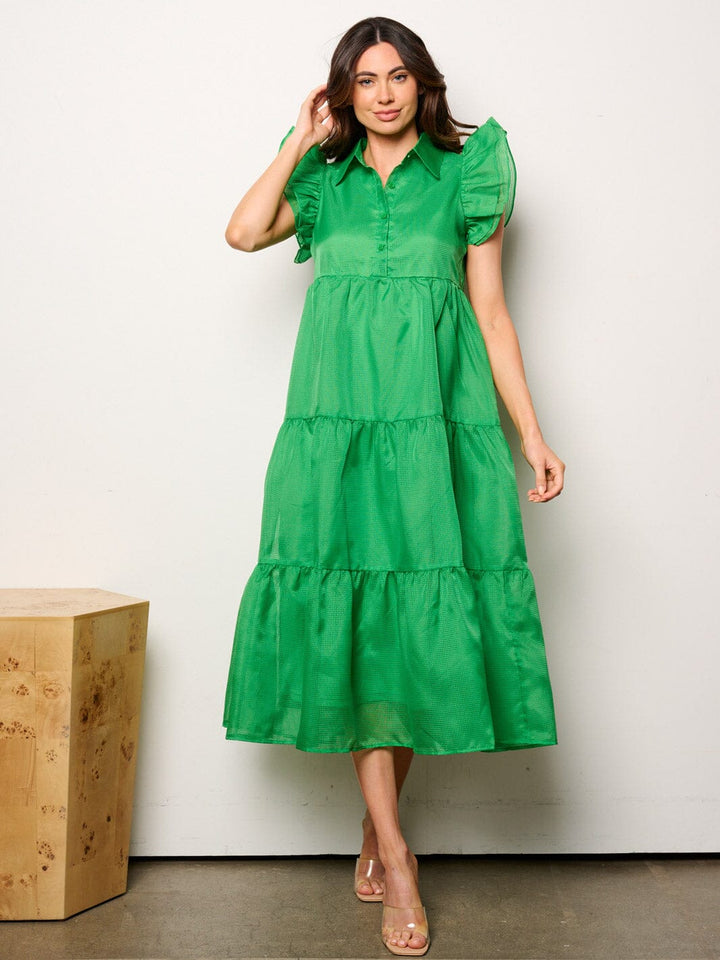 WOMEN'S RUFFLE SLEEVE BUTTON UP TIERED MAXI DRESS