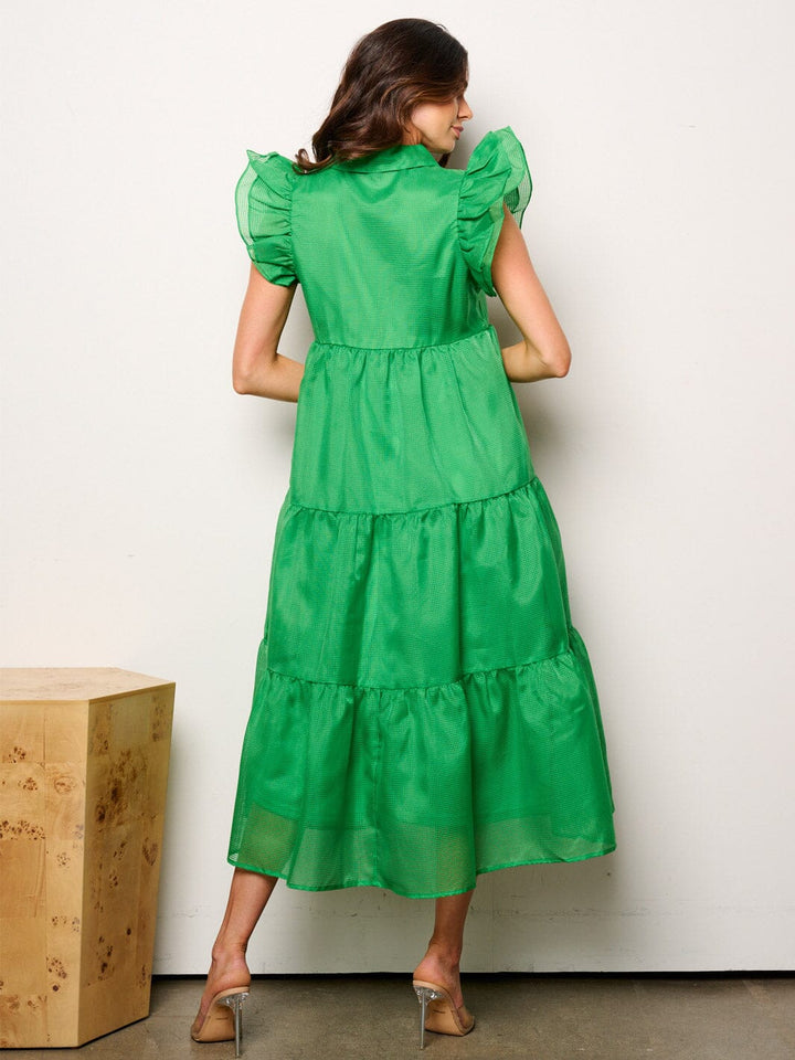 WOMEN'S RUFFLE SLEEVE BUTTON UP TIERED MAXI DRESS
