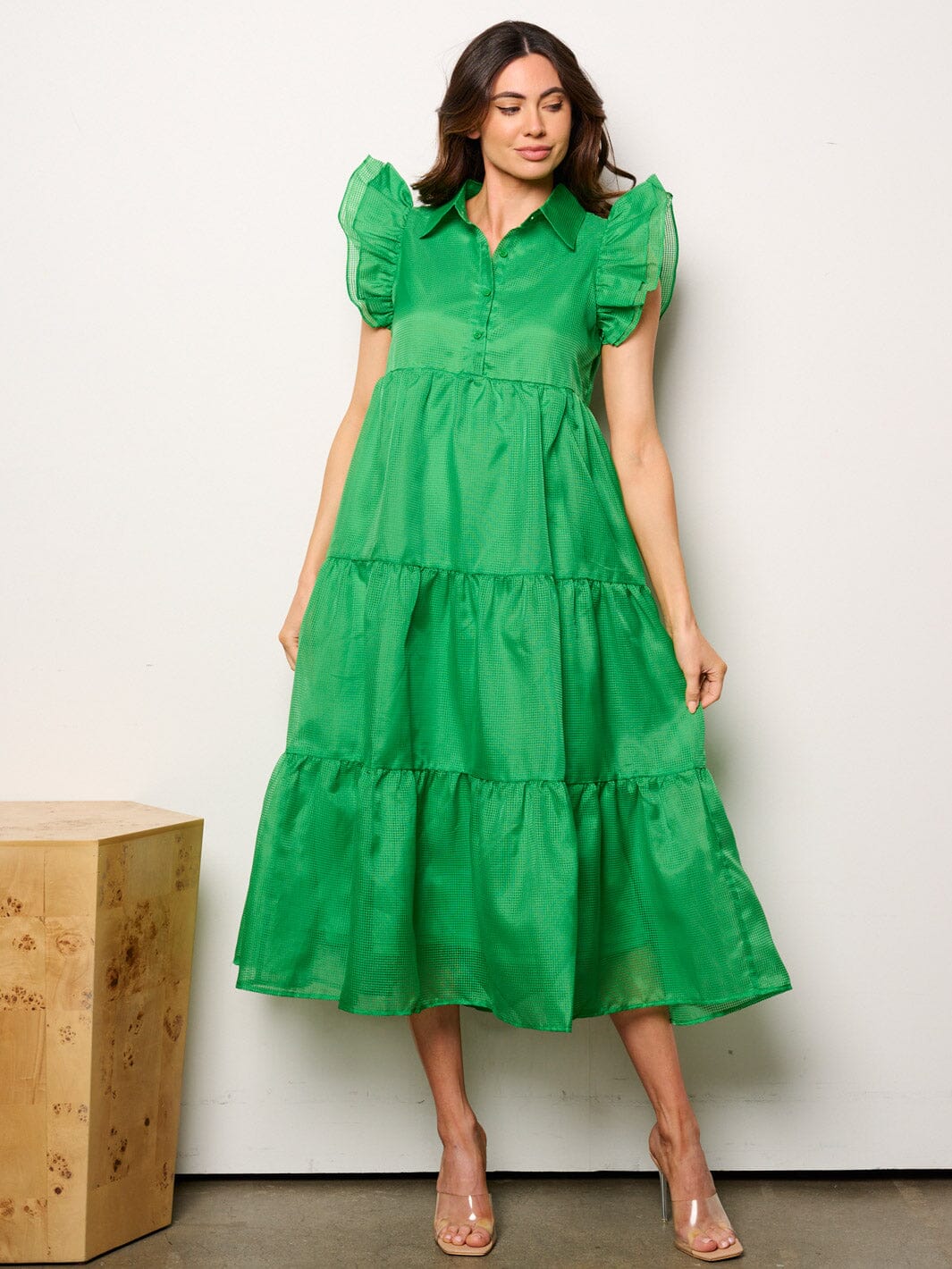 WOMEN'S RUFFLE SLEEVE BUTTON UP TIERED MAXI DRESS