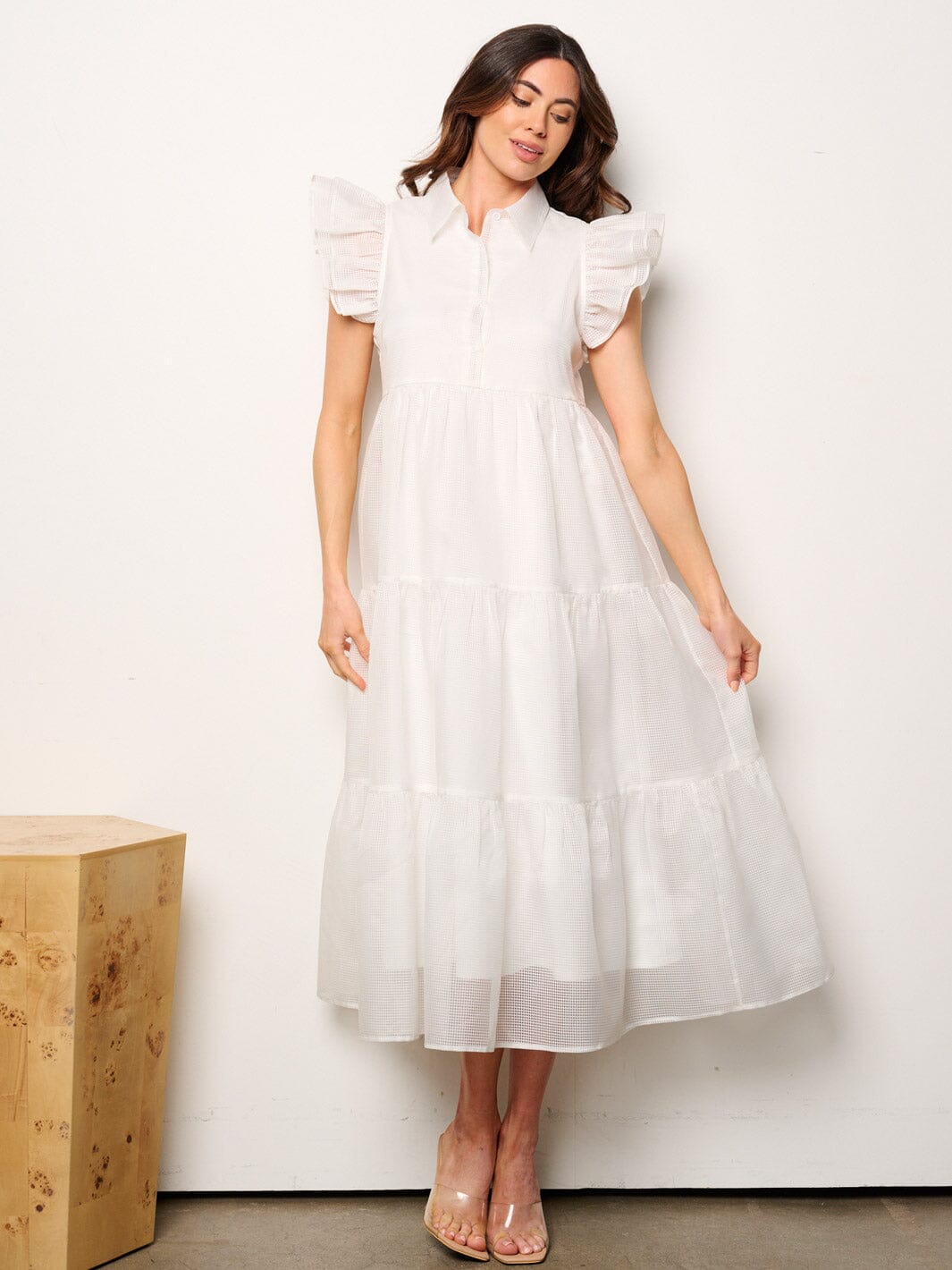 WOMEN'S RUFFLE SLEEVE BUTTON UP TIERED MAXI DRESS
