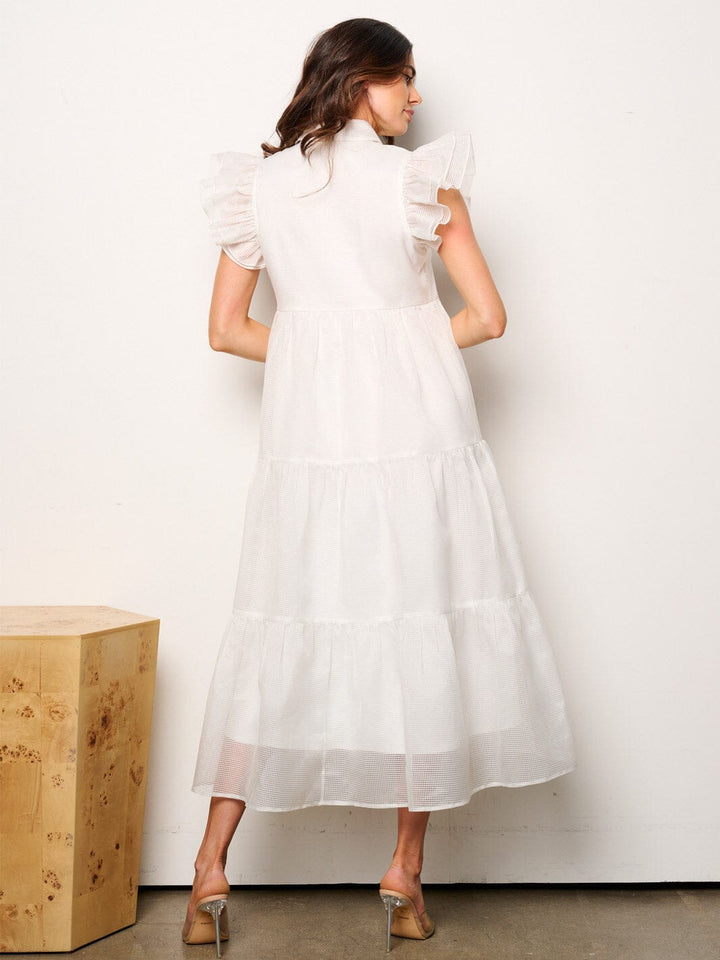 WOMEN'S RUFFLE SLEEVE BUTTON UP TIERED MAXI DRESS
