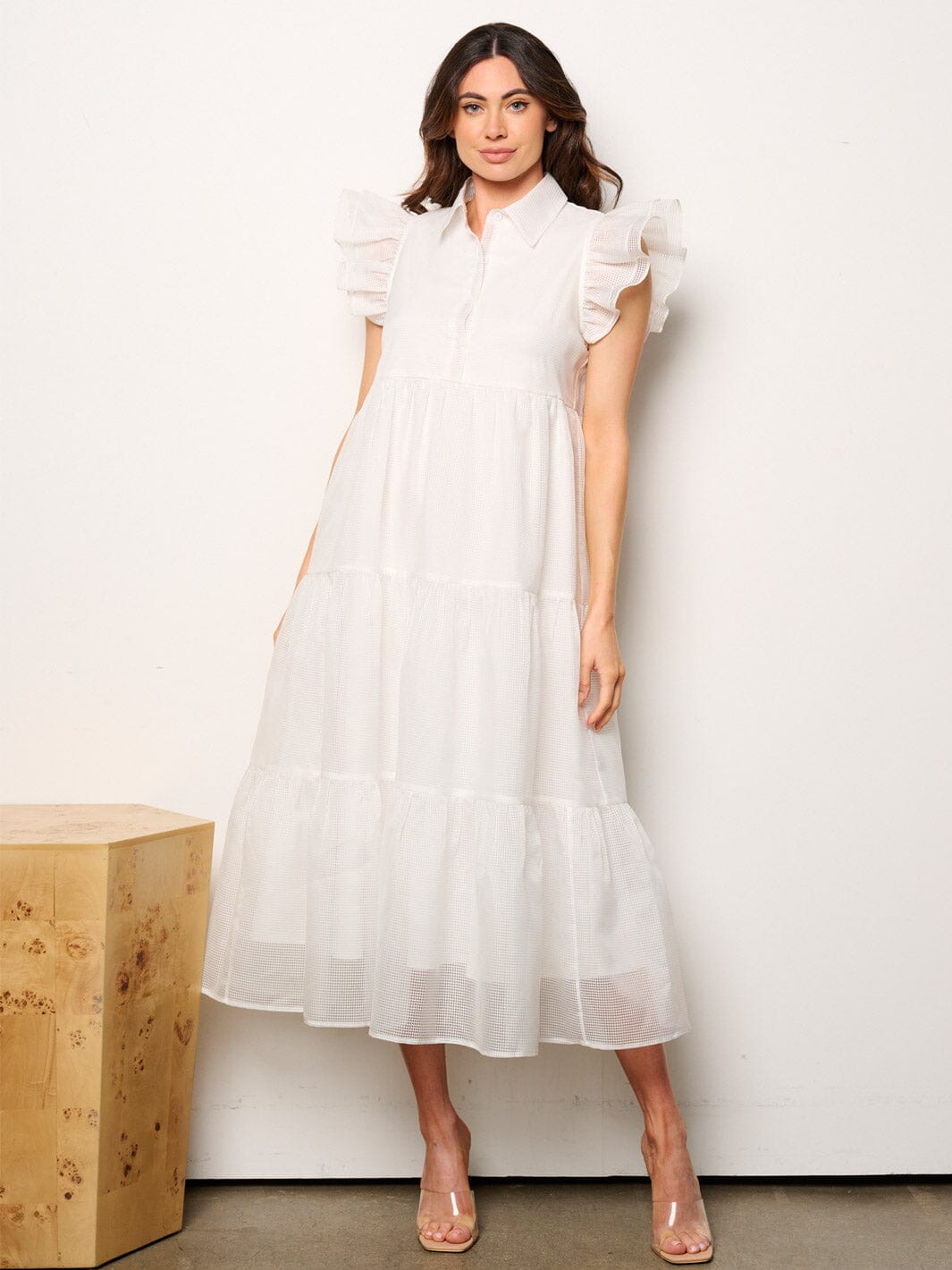WOMEN'S RUFFLE SLEEVE BUTTON UP TIERED MAXI DRESS