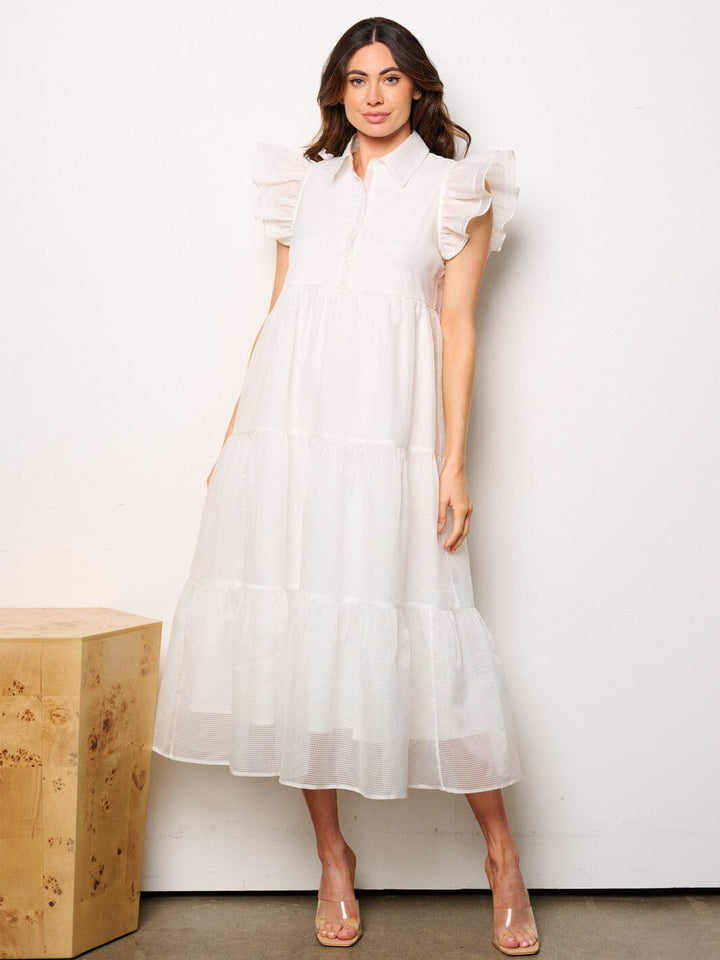 WOMEN'S RUFFLE SLEEVE BUTTON UP TIERED MAXI DRESS