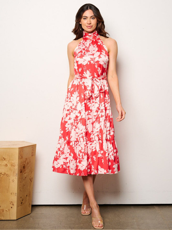 WOMEN'S SLEEVELESS HALTER NECK POCKETS FLORAL MIDI DRESS