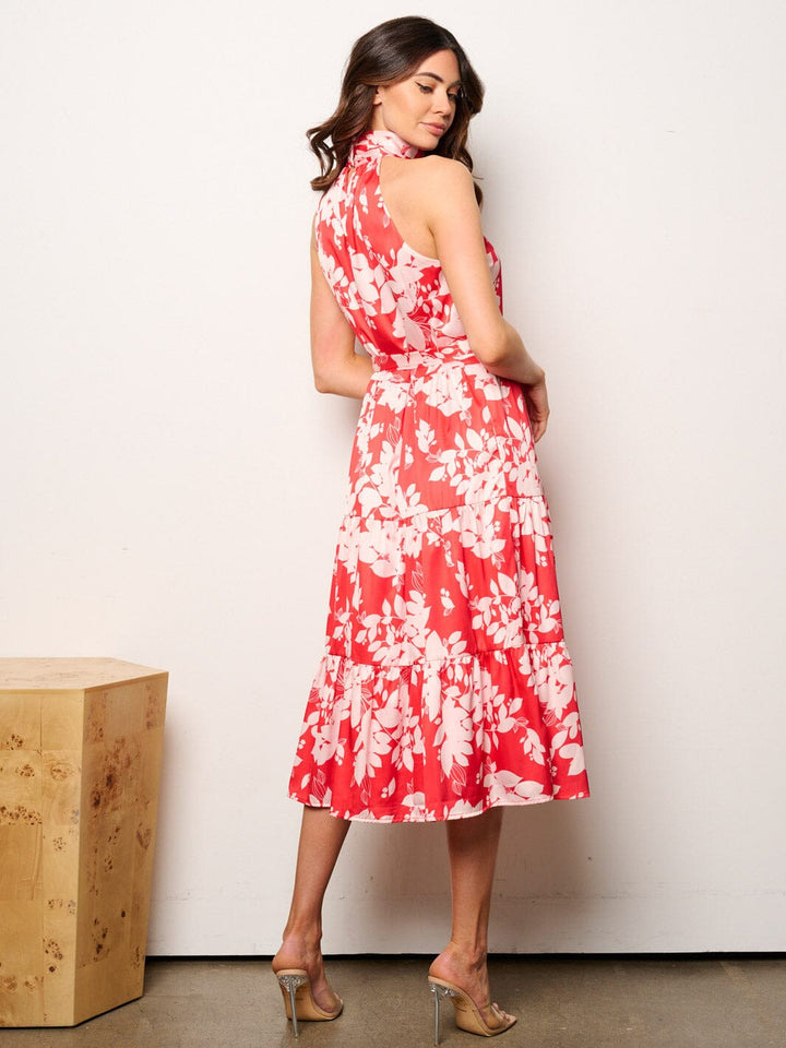 WOMEN'S SLEEVELESS HALTER NECK POCKETS FLORAL MIDI DRESS