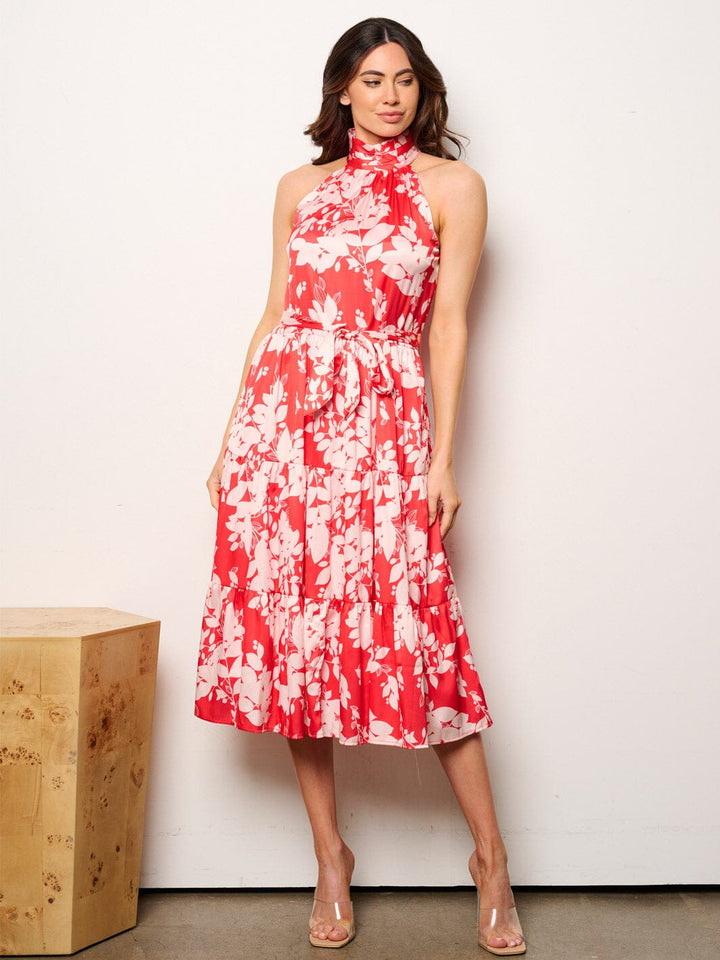 WOMEN'S SLEEVELESS HALTER NECK POCKETS FLORAL MIDI DRESS