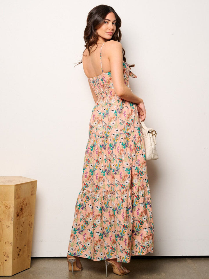 WOMEN'S SLEEVELESS FRONT CUT OUT SMOCK FLORAL MAXI DRESS