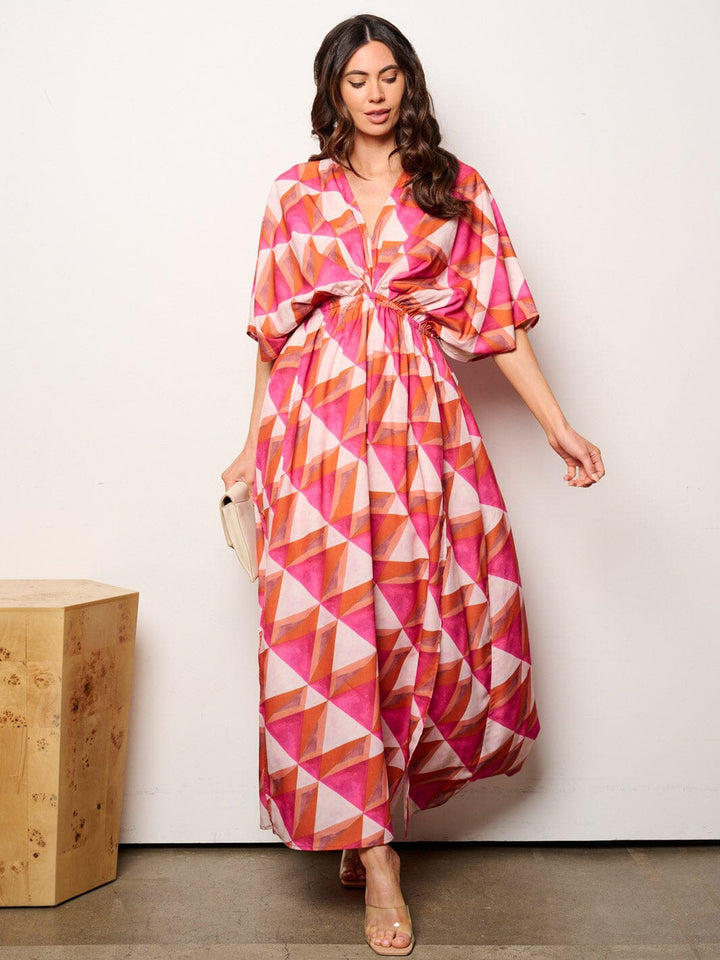 WOMEN'S 3/4 SLEEVE V-NECK ELASTIC WAIST MULTI PRINT MAXI DRESS
