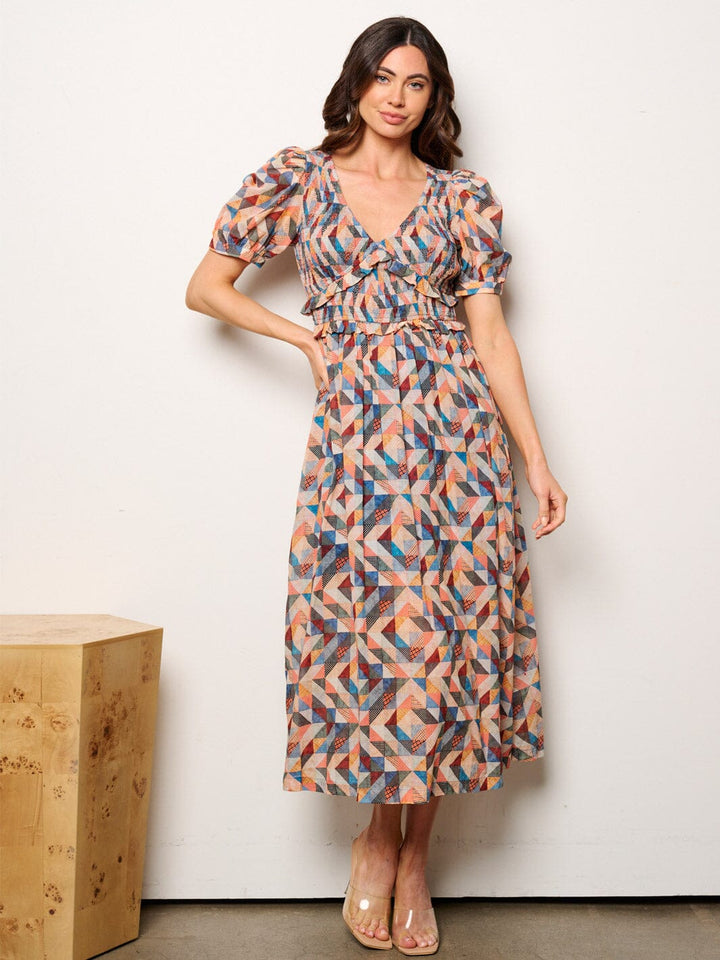 WOMEN'S SHORT PUFF SLEEVE V-NECK SMOCK MULTI PRINT MAXI DRESS