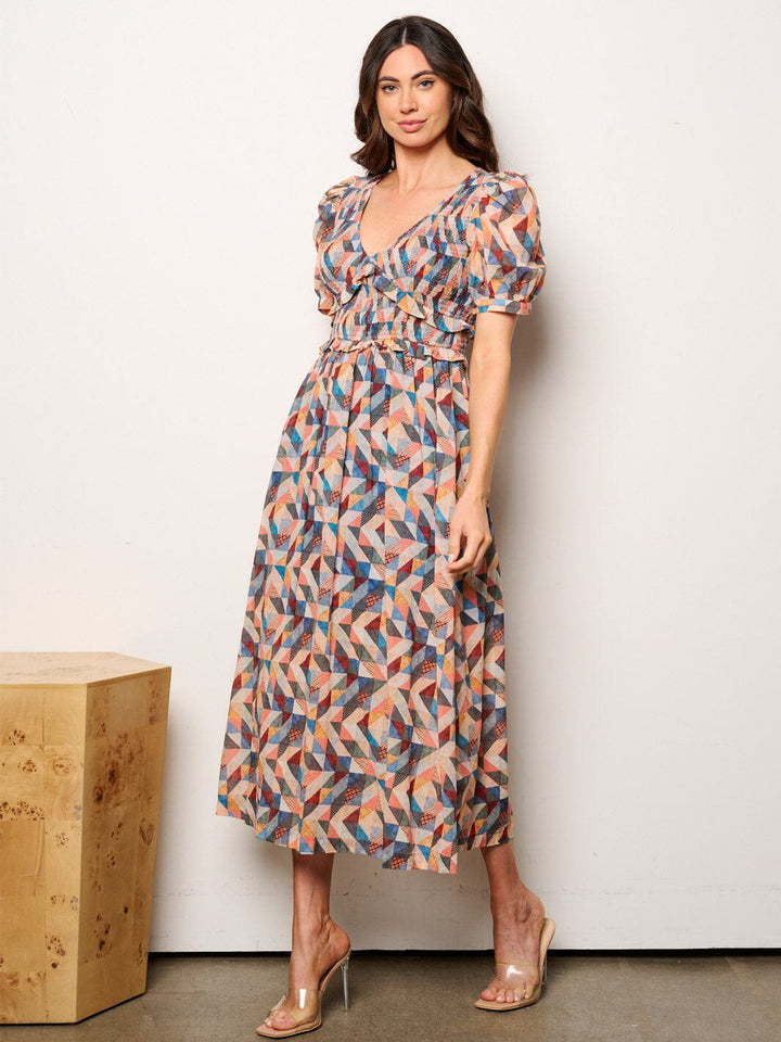 WOMEN'S SHORT PUFF SLEEVE V-NECK SMOCK MULTI PRINT MAXI DRESS