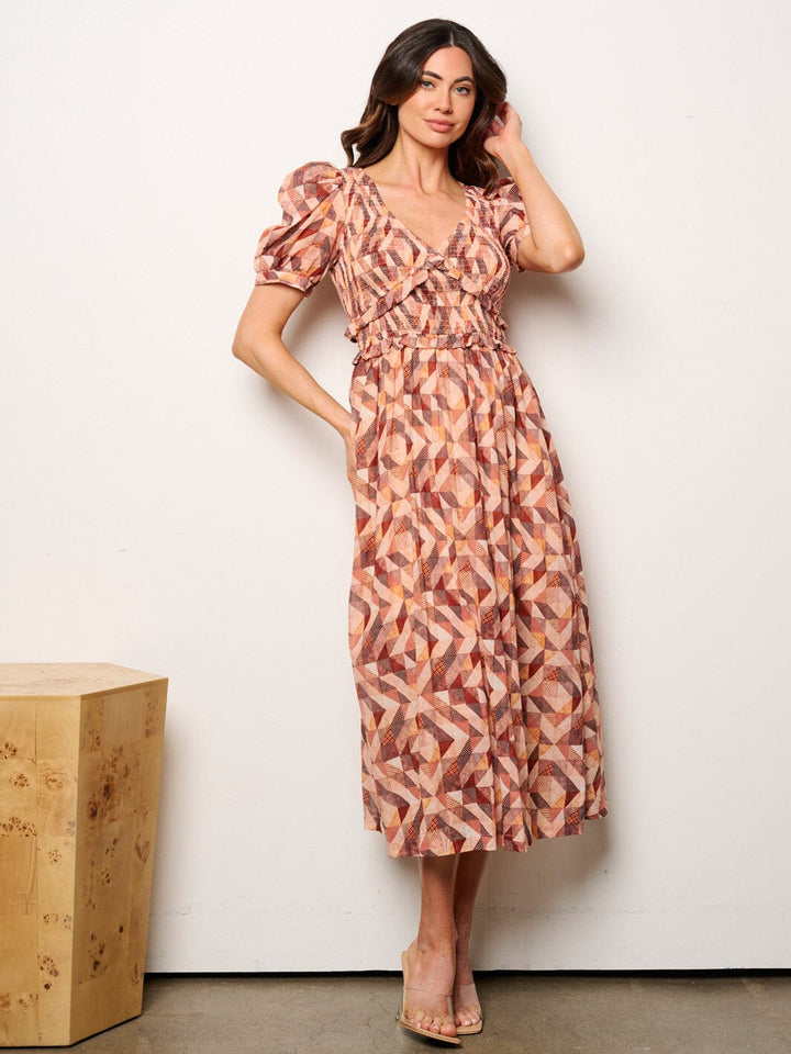 WOMEN'S SHORT PUFF SLEEVE V-NECK SMOCK MULTI PRINT MAXI DRESS