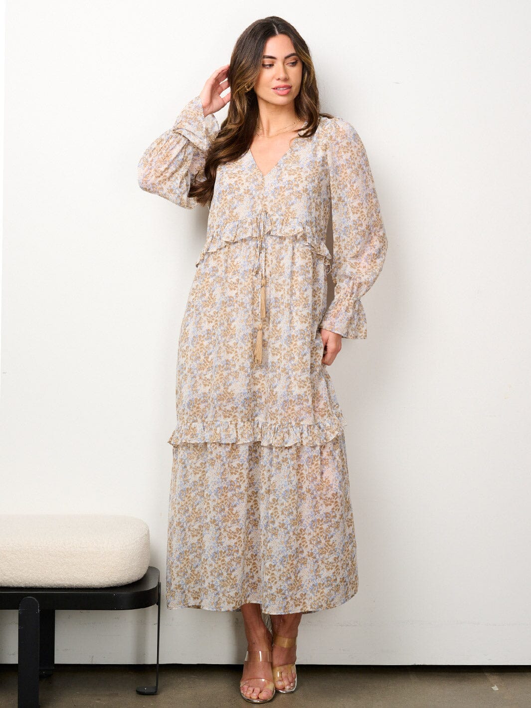 WOMEN'S LONG SLEEVE V-NECK TIERED FLORAL MAXI DRESS