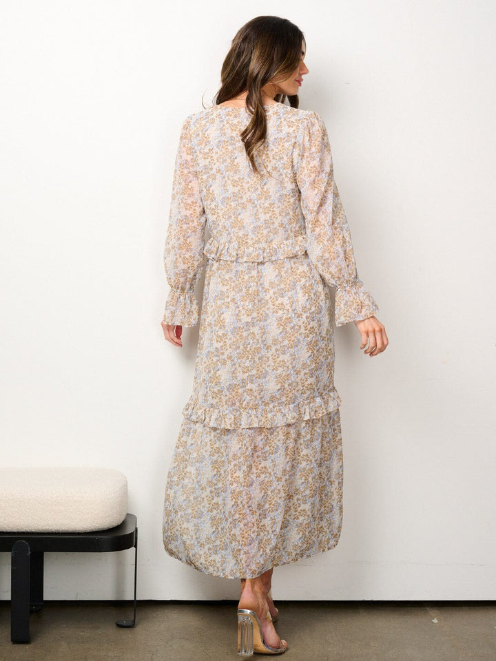 WOMEN'S LONG SLEEVE V-NECK TIERED FLORAL MAXI DRESS