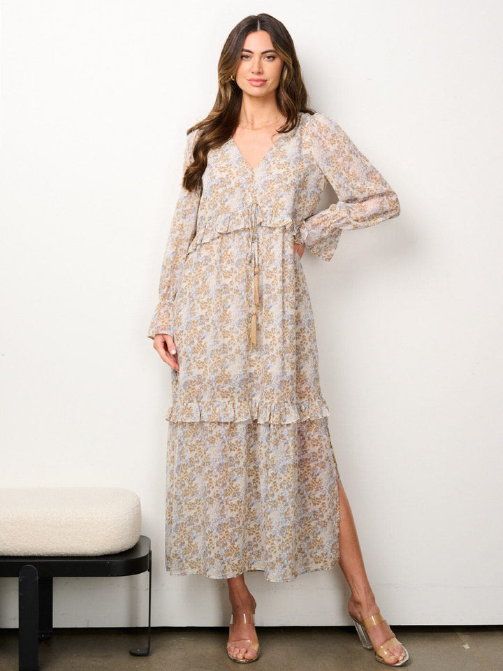 WOMEN'S LONG SLEEVE V-NECK TIERED FLORAL MAXI DRESS