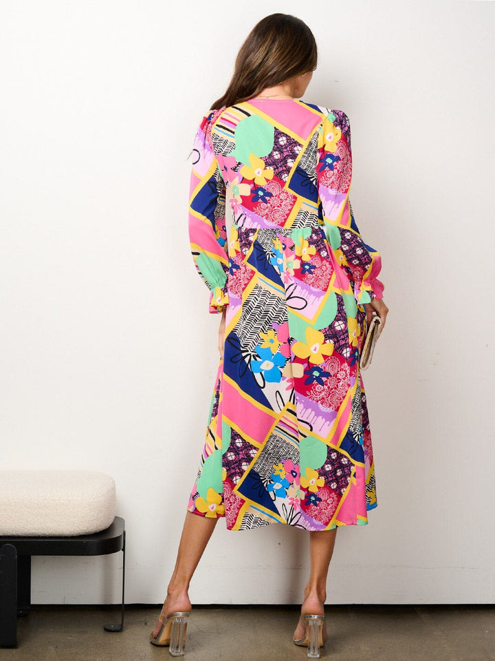 WOMEN'S LONG SLEEVE BUTTON UP MULTI PRINT MIDI DRESS