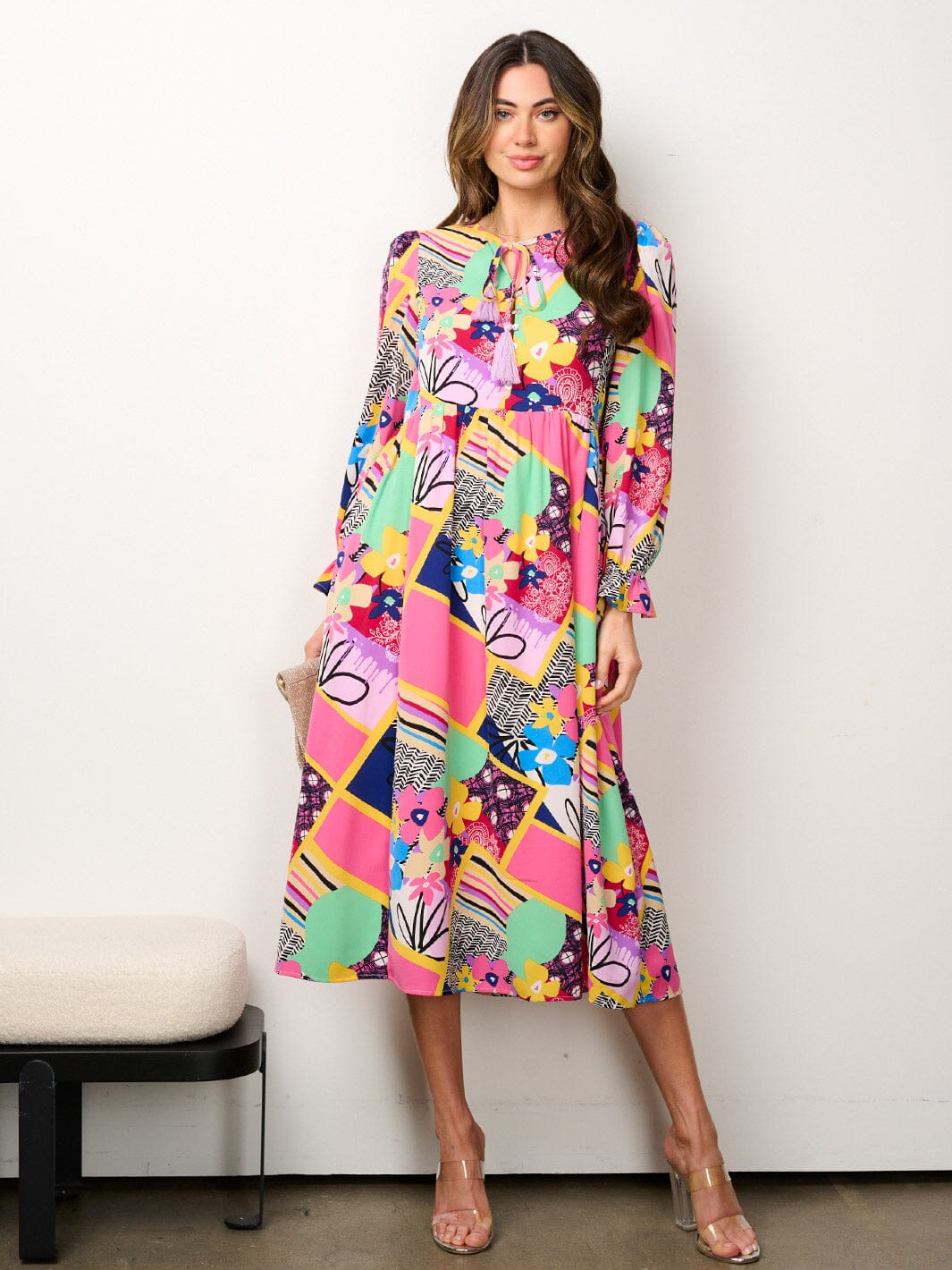 WOMEN'S LONG SLEEVE BUTTON UP MULTI PRINT MIDI DRESS