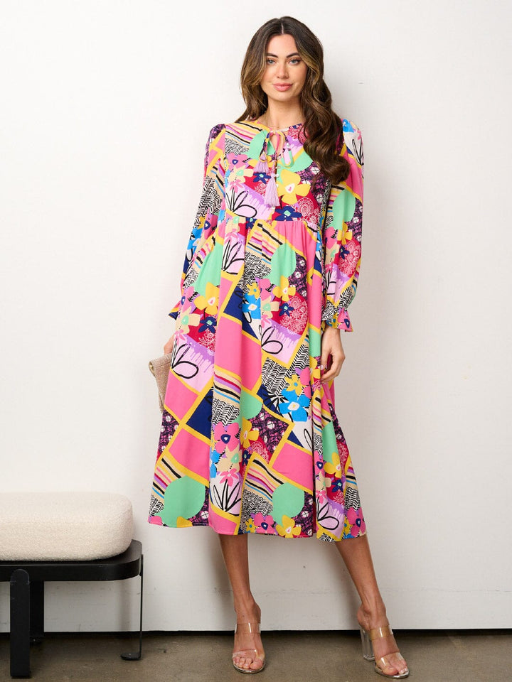WOMEN'S LONG SLEEVE BUTTON UP MULTI PRINT MIDI DRESS