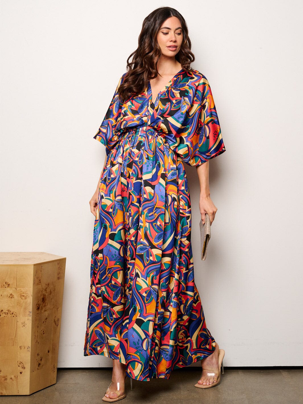WOMEN'S 3/4 SLEEVESS V-NECK ELASTIC WAIST MULTI PRINT MAXI DRESS
