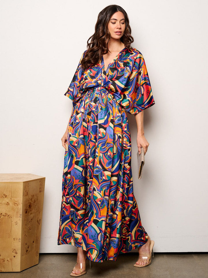 WOMEN'S 3/4 SLEEVESS V-NECK ELASTIC WAIST MULTI PRINT MAXI DRESS