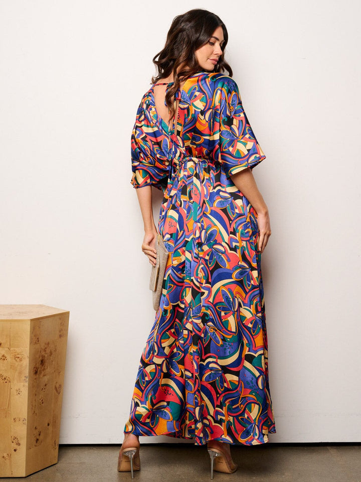 WOMEN'S 3/4 SLEEVESS V-NECK ELASTIC WAIST MULTI PRINT MAXI DRESS