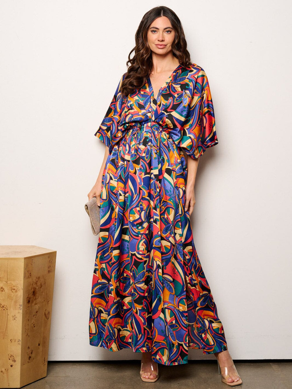 WOMEN'S 3/4 SLEEVESS V-NECK ELASTIC WAIST MULTI PRINT MAXI DRESS