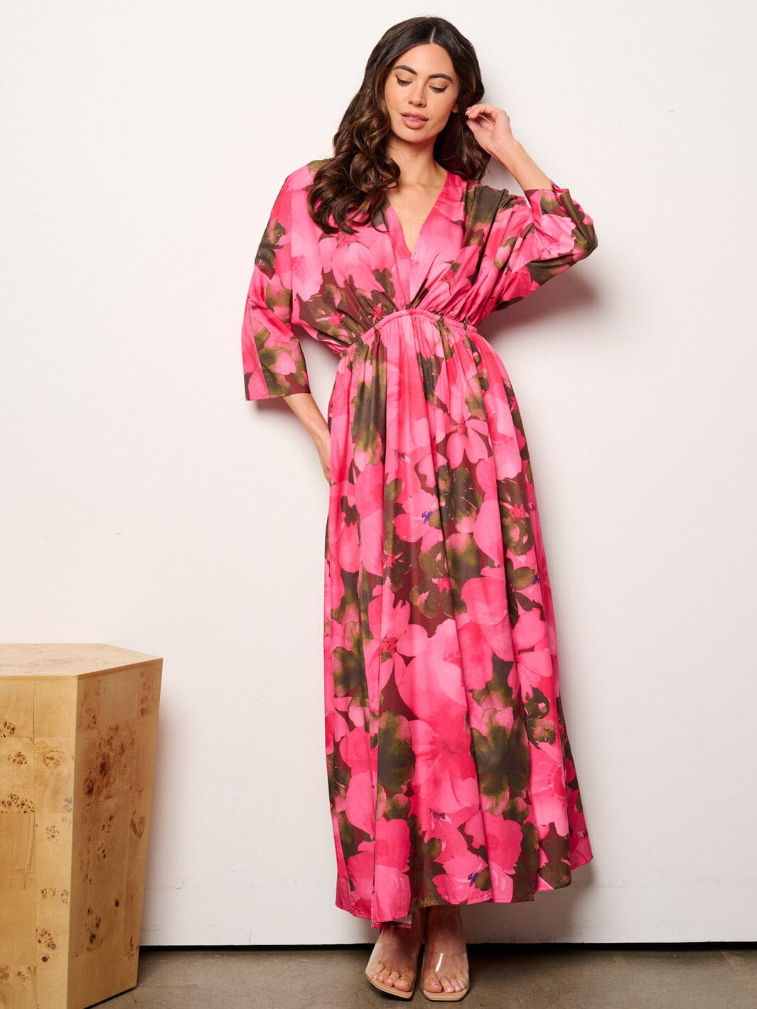 WOMEN'S 3/4 SLEEVES V-NECK ELASTIC WAIST FLORAL MAXI DRESS