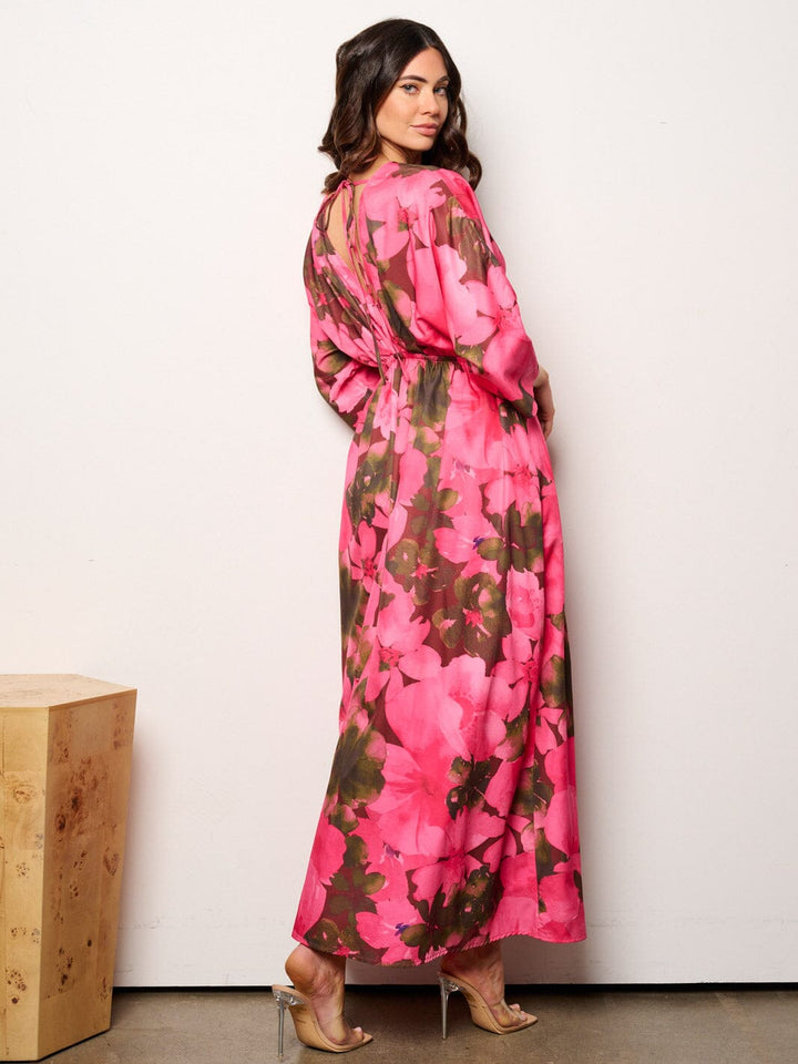 WOMEN'S 3/4 SLEEVES V-NECK ELASTIC WAIST FLORAL MAXI DRESS