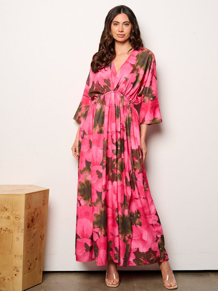 WOMEN'S 3/4 SLEEVES V-NECK ELASTIC WAIST FLORAL MAXI DRESS