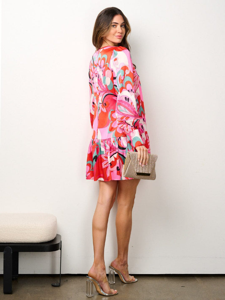 WOMEN'S LONG SLEEVE BUTTON UP MULTI PRINT MINI DRESS